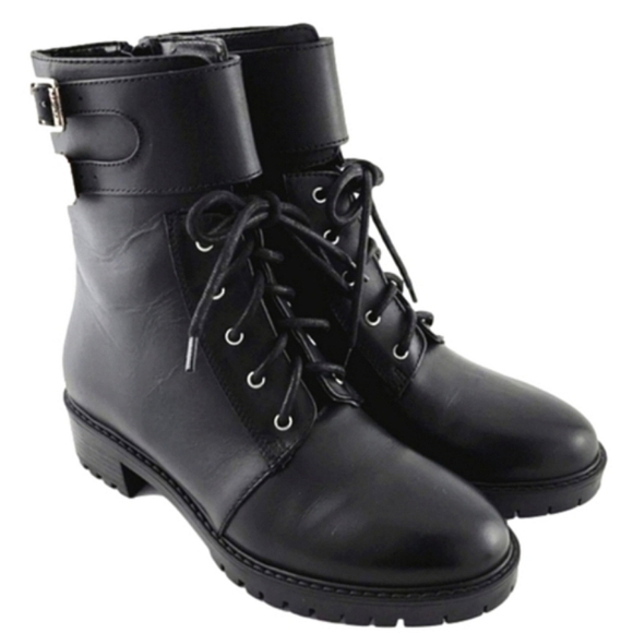 NWT Italian Shoemakers Black Leather Lace-Up Combat Short Boot Strap Buckle Sz 6 - Picture 3 of 15
